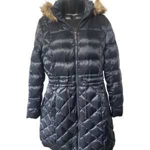 Dawn Levy Womens Puffer Coat Quilted Faux Fur Hooded Drawstring‎ Waist Size M
